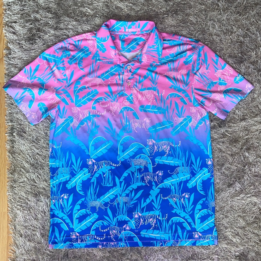 Chubbies Pink and Blue with Tigers Stretch Collar Shirt size Medium